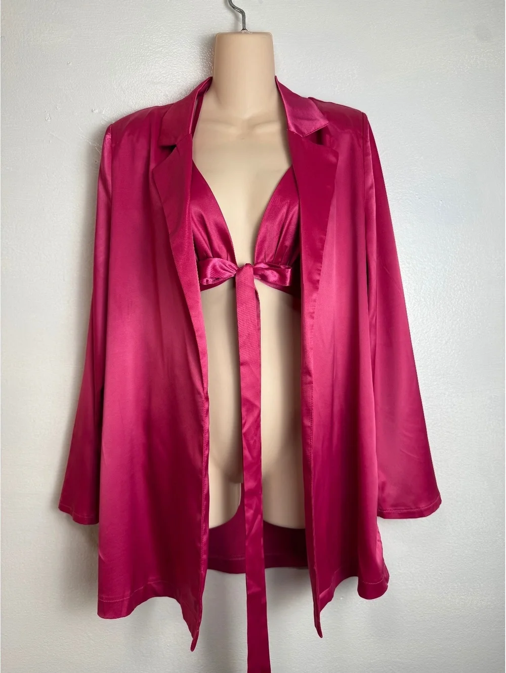 Women's Satin Fuchsia Two-Piece Set with Long Sleeve Jacket and Halter Top